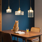 Vintage Brass and Glass Square Mini Pendant — Japandi Zen, Amber or Clear Glass, 3-Step Dimming, 2-Meter Adjustable Cord
