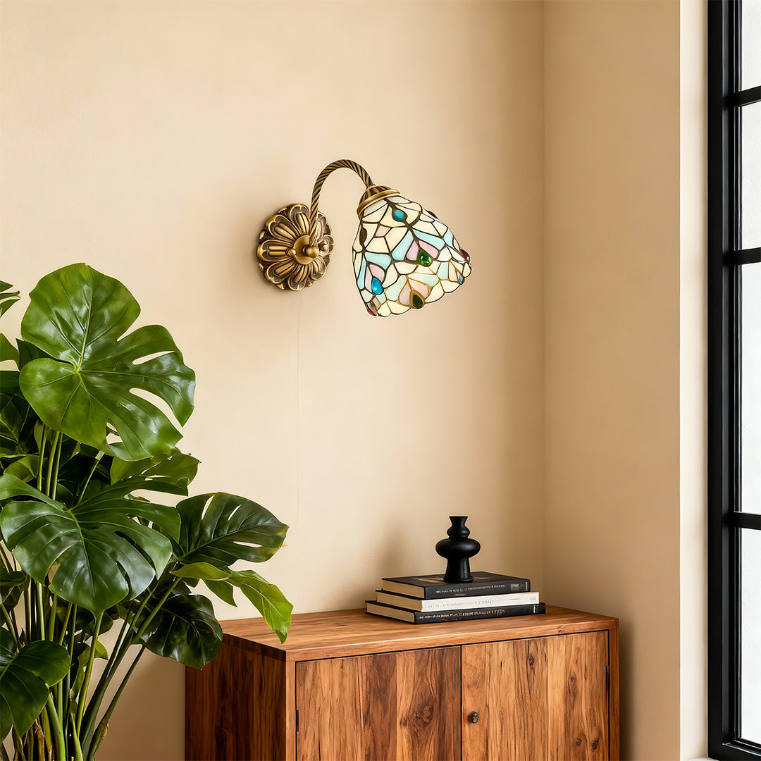 Stained Glass Wall Sconce — Brass with Copper Finish, E27, 12.2" W, Vintage Country