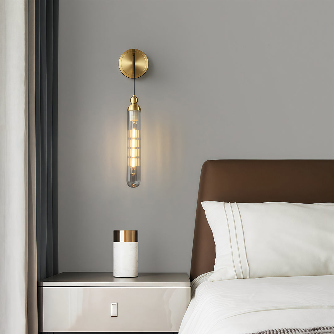 Minimalist Brass Wall Sconce — Full Brass Frame, Transparent Glass Shade, E14, Hardwired