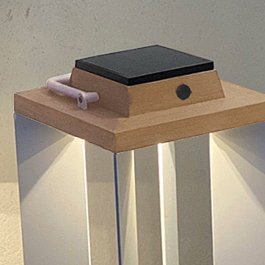 Modern Wood-Grain Outdoor Lantern — Stainless Steel, Solar / USB, 12W LED, 3000K, IP65, Dusk-to-Dawn, 16.9" or 25.6"