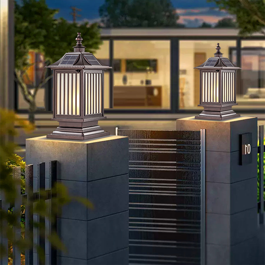 Lantern-Style Outdoor Pillar Light — Aluminum & Glass, Solar or Hardwired, 3-Step Dimming (3000K/4500K/6000K), IP65, E27