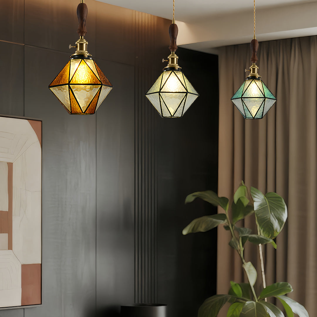 Diamond-Shaped Mini Pendant — Antique Brass, Wood and Tiffany Glass, 16W E27, 2m Adjustable Cord