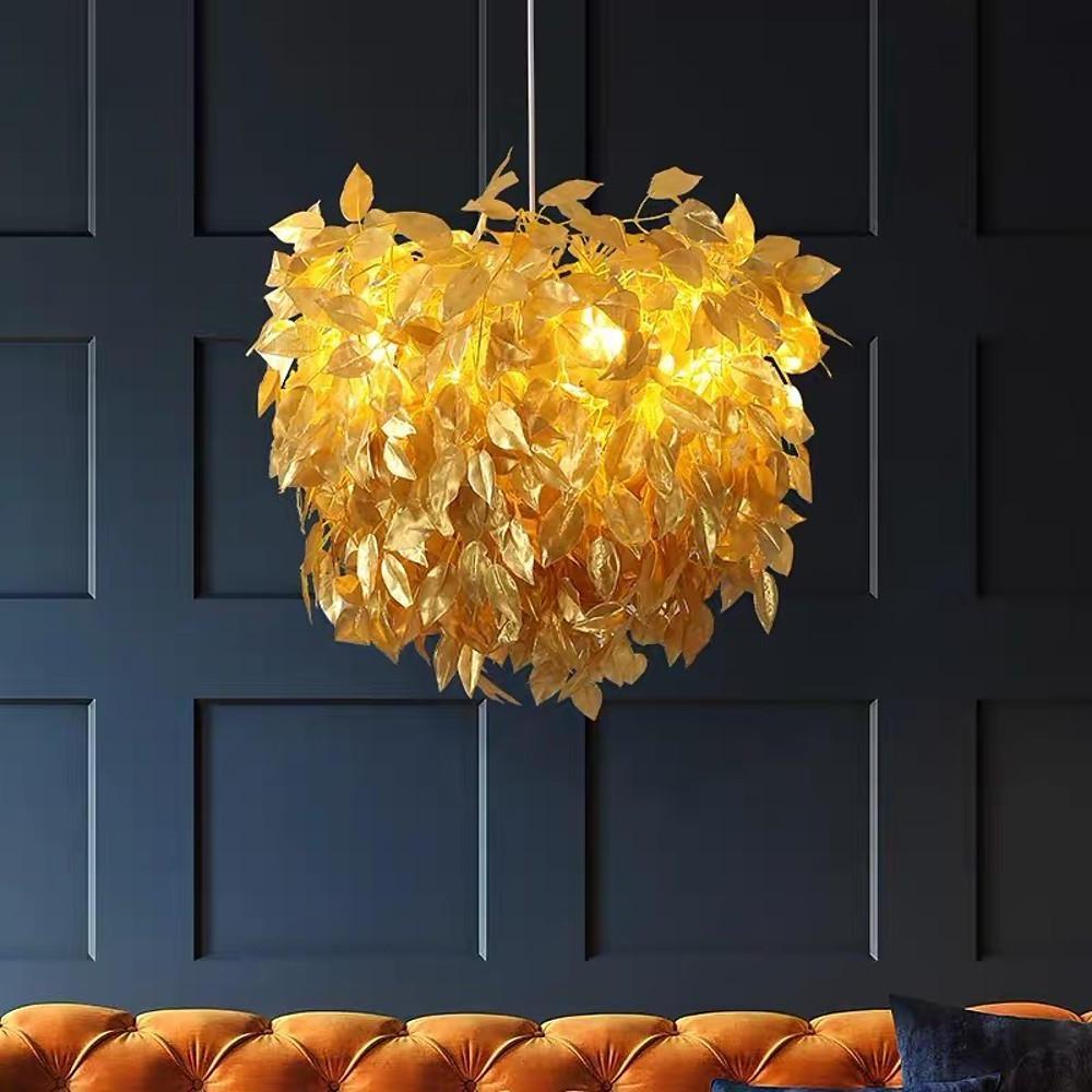 Feather Fabric Pendant Light — Iron Frame, 24" Dia., 4-Light, Dimmable 3000–5400K, White & Gold