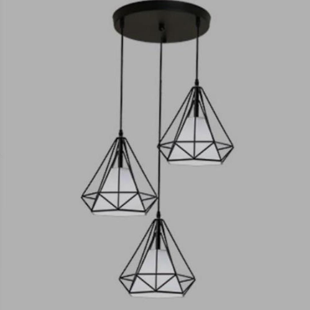 Geometric Metal and Fabric Lantern Cluster Pendant — Black Finish, 3-Light LED, 6000K, 20" Wide