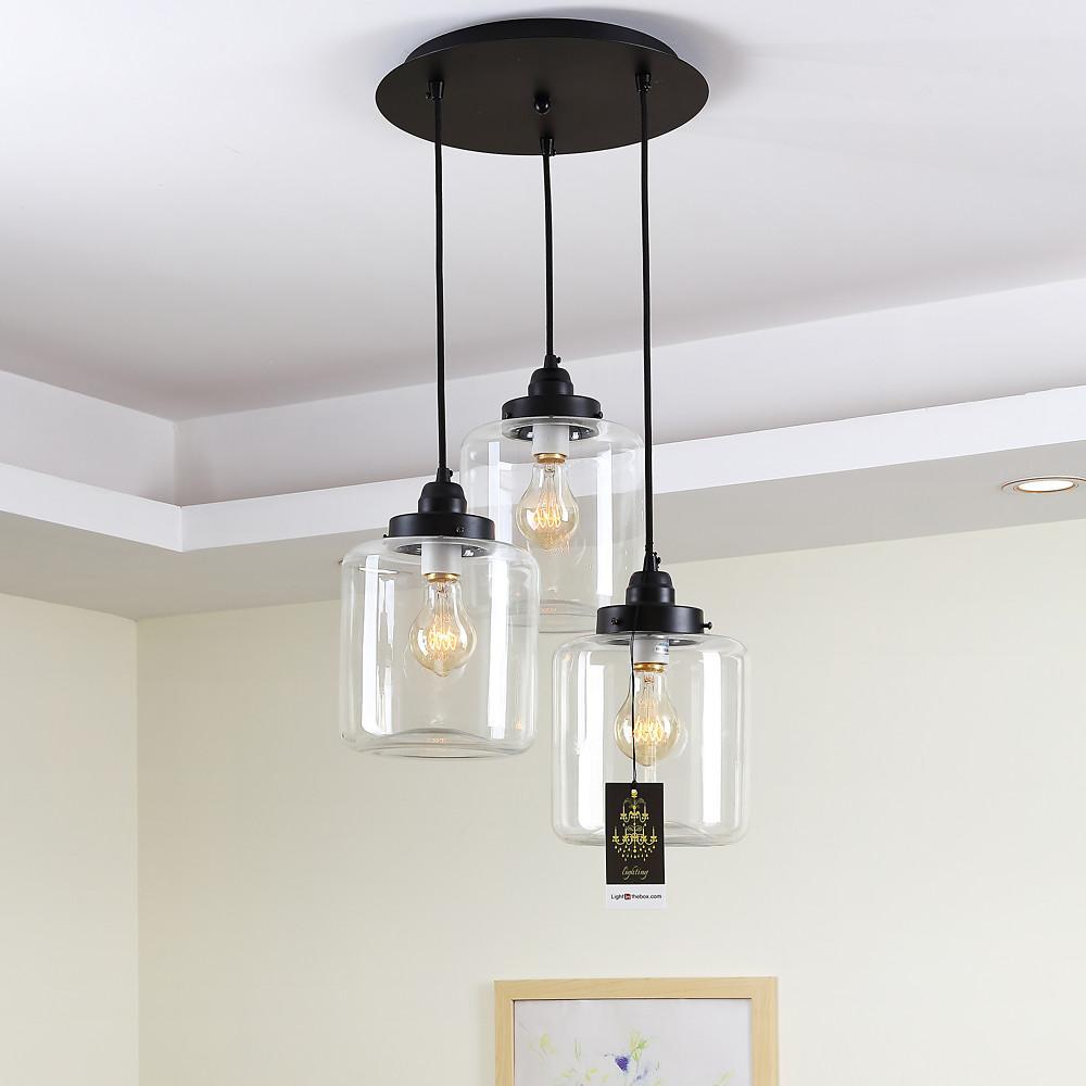 3-Light Industrial Glass Foyer Chandelier — Metal, Clear Glass Shades, 40W, 3000K