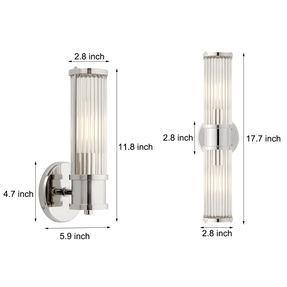 modern 12 light wall sconce in chrome and gold with clear cylinder glass shade