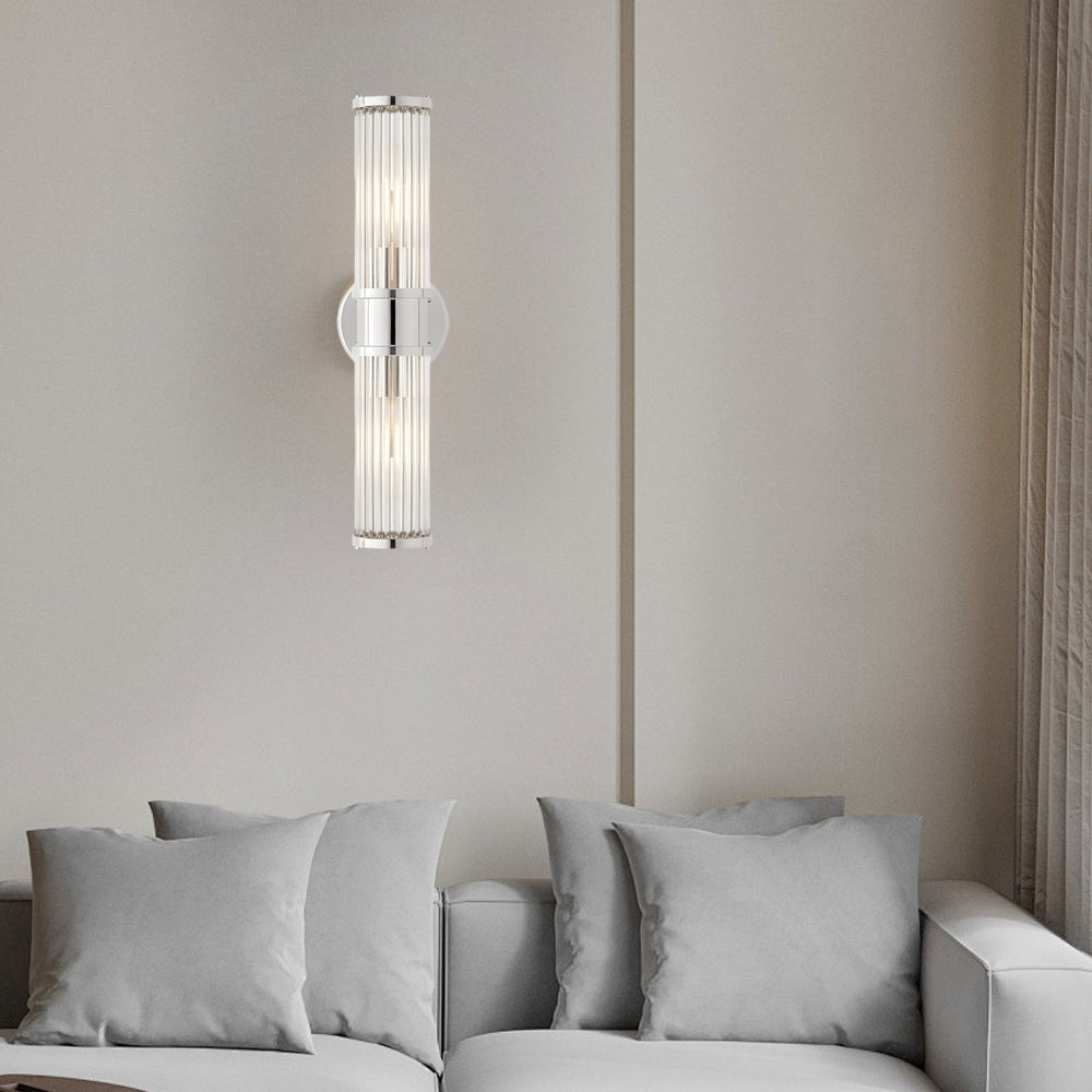 modern 12 light wall sconce in chrome and gold with clear cylinder glass shade