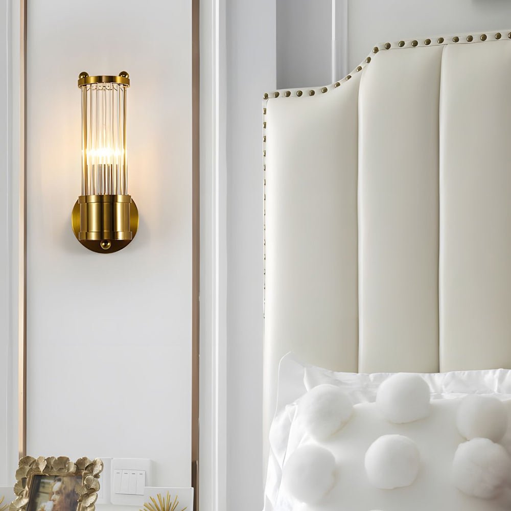 modern 12 light wall sconce in chrome and gold with clear cylinder glass shade