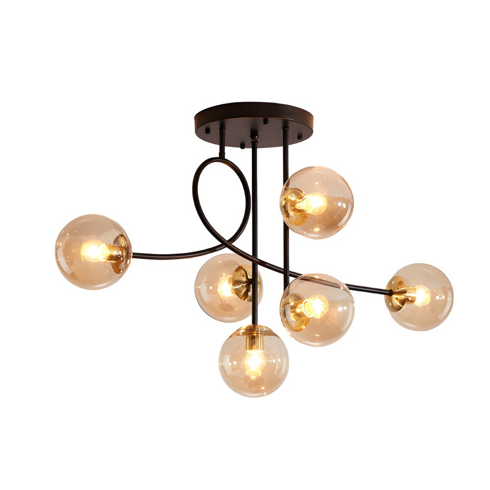 6-Light Glass Ball Semi-Flush Chandelier — Black or Gold, Curved Arms, 35.4" Diameter, Three-Step Dimming