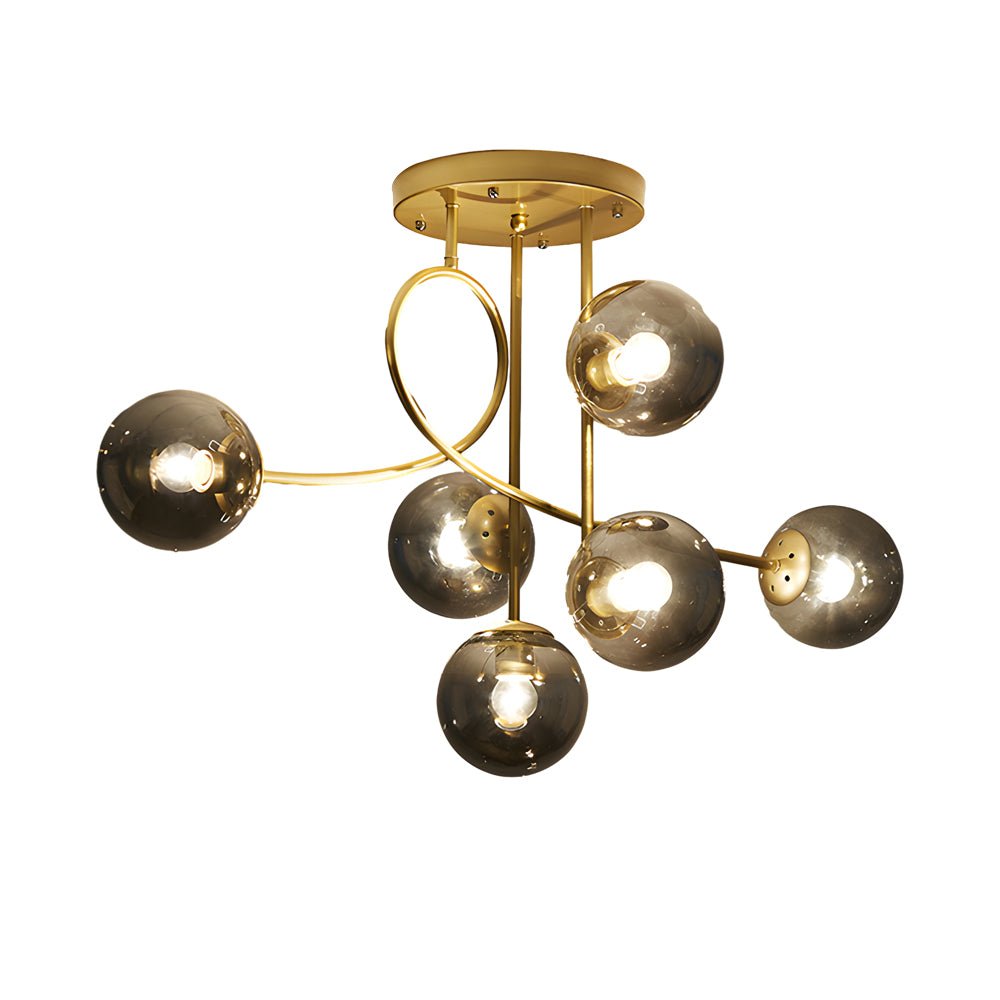 6-Light Glass Ball Semi-Flush Chandelier — Black or Gold, Curved Arms, 35.4" Diameter, Three-Step Dimming