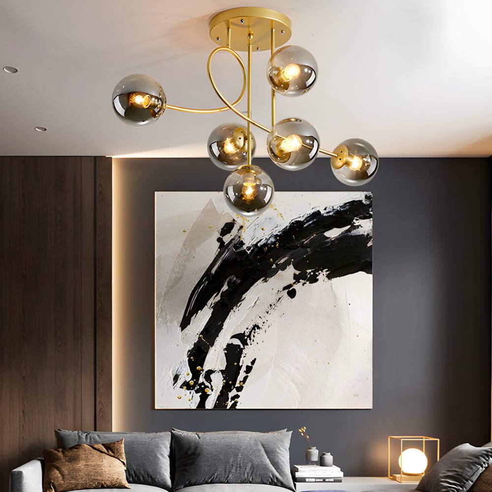 6-Light Glass Ball Semi-Flush Chandelier — Black or Gold, Curved Arms, 35.4" Diameter, Three-Step Dimming