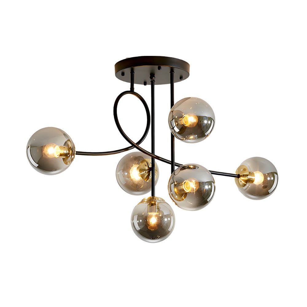 6-Light Glass Ball Semi-Flush Chandelier — Black or Gold, Curved Arms, 35.4" Diameter, Three-Step Dimming