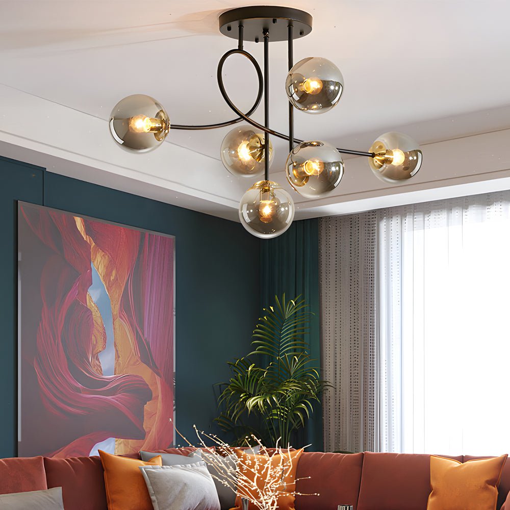6-Light Glass Ball Semi-Flush Chandelier — Black or Gold, Curved Arms, 35.4" Diameter, Three-Step Dimming