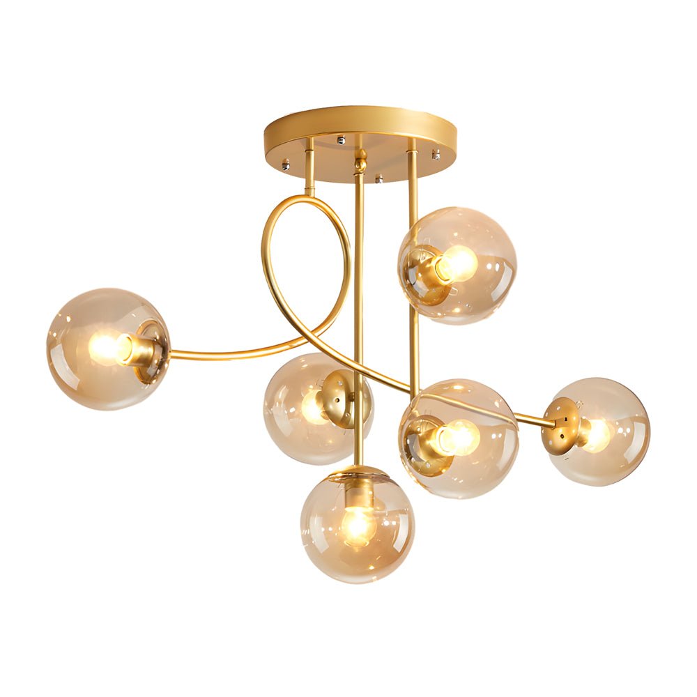6-Light Glass Ball Semi-Flush Chandelier — Black or Gold, Curved Arms, 35.4" Diameter, Three-Step Dimming