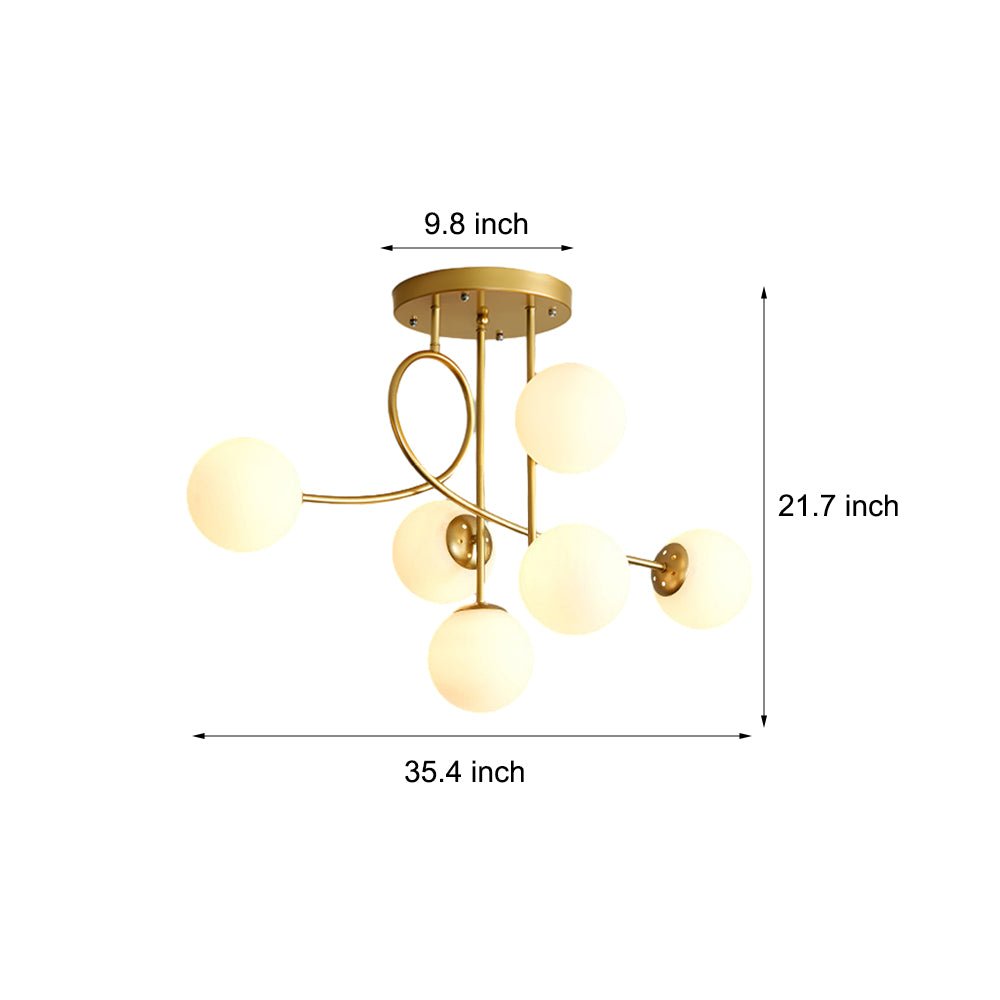 6-Light Glass Ball Semi-Flush Chandelier — Black or Gold, Curved Arms, 35.4" Diameter, Three-Step Dimming