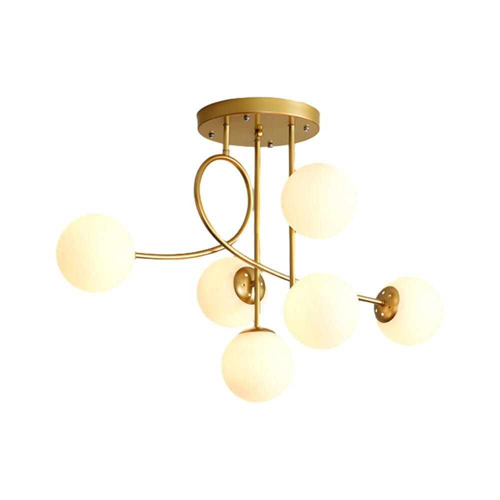 6-Light Glass Ball Semi-Flush Chandelier — Black or Gold, Curved Arms, 35.4" Diameter, Three-Step Dimming