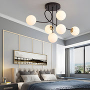 6-Light Glass Ball Semi-Flush Chandelier — Black or Gold, Curved Arms, 35.4" Diameter, Three-Step Dimming