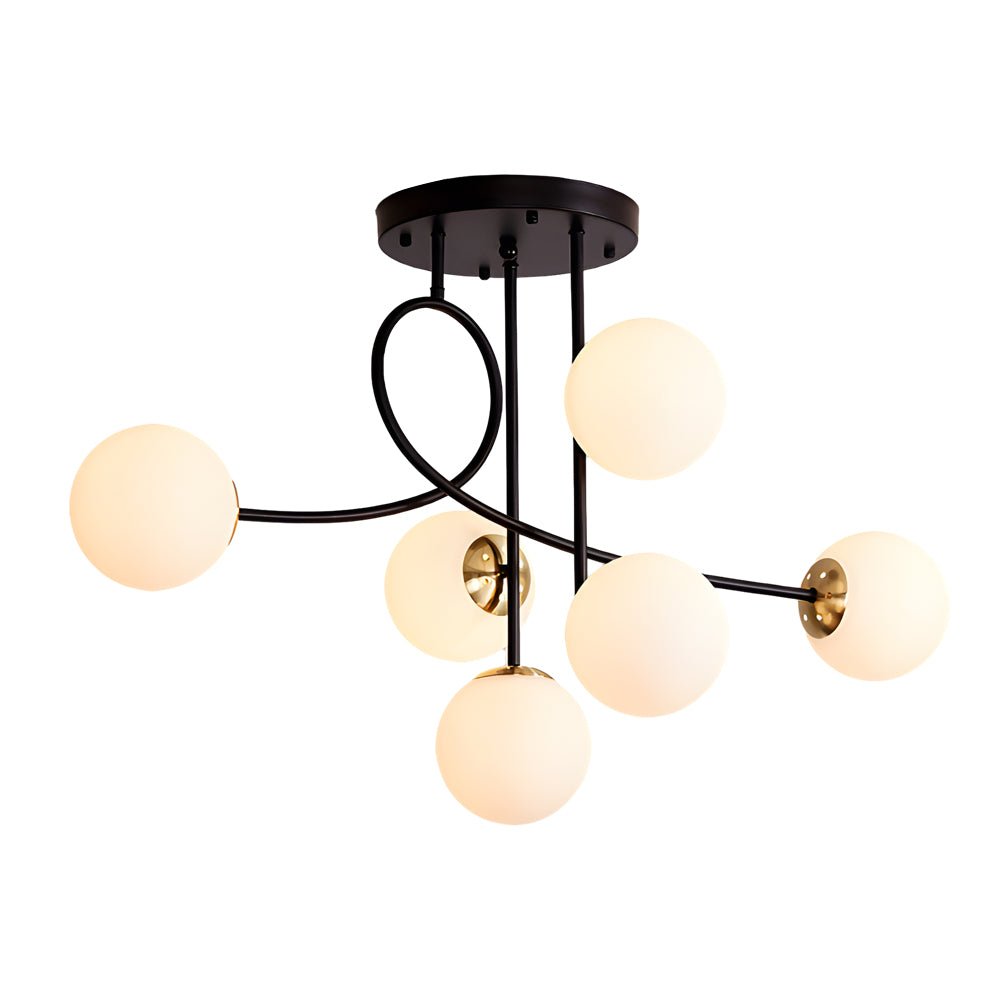6-Light Glass Ball Semi-Flush Chandelier — Black or Gold, Curved Arms, 35.4" Diameter, Three-Step Dimming