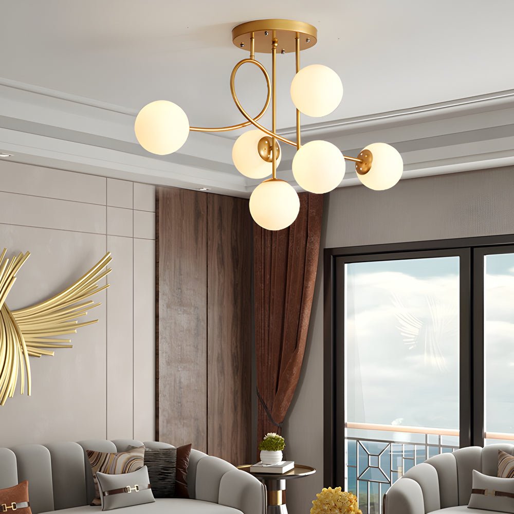 6-Light Glass Ball Semi-Flush Chandelier — Black or Gold, Curved Arms, 35.4" Diameter, Three-Step Dimming