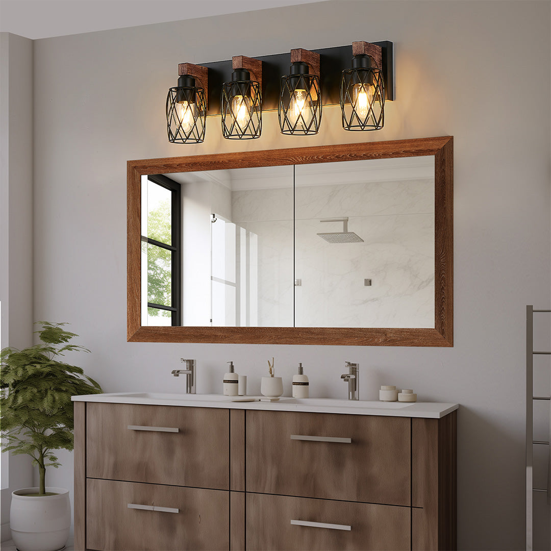 Metal Cage Bathroom Vanity Light — Black Finish, Walnut Wood, 3-to-7-Light, E26