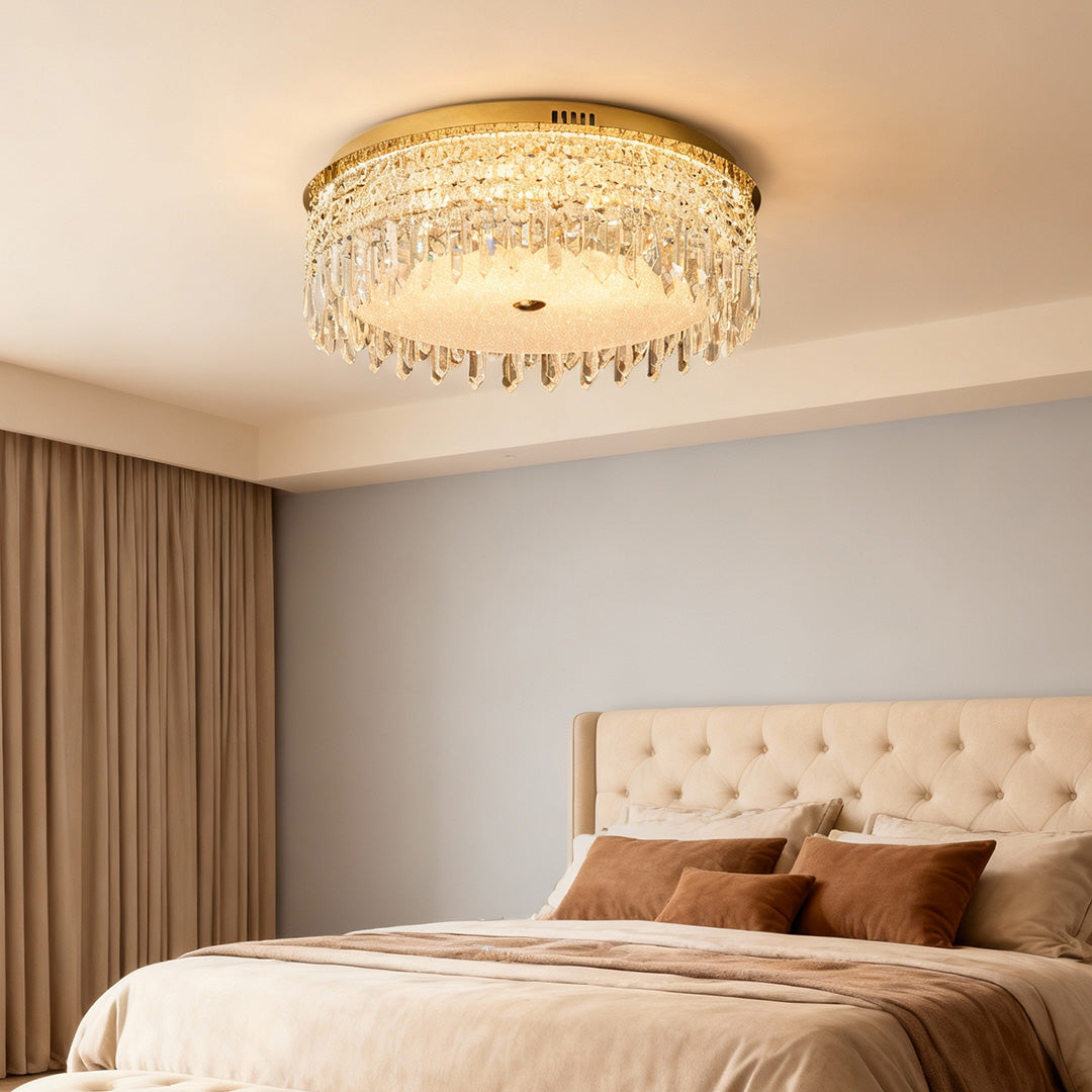 Modern Crystal Flush-Mount Ceiling Light — Champagne Gold Carbon Steel, LED, 3-Step Dimming (3000K/4000K/6000K), 3 Sizes