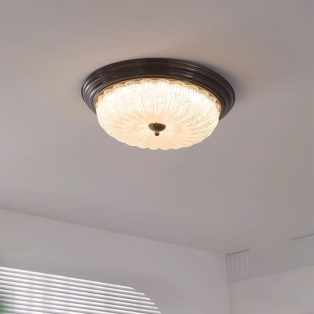 Pumpkin Dome Flush-Mount Ceiling Light — Walnut Iron Frame, Prismatic Glass, 3-Step Dimming, LED, 15"–23" Sizes