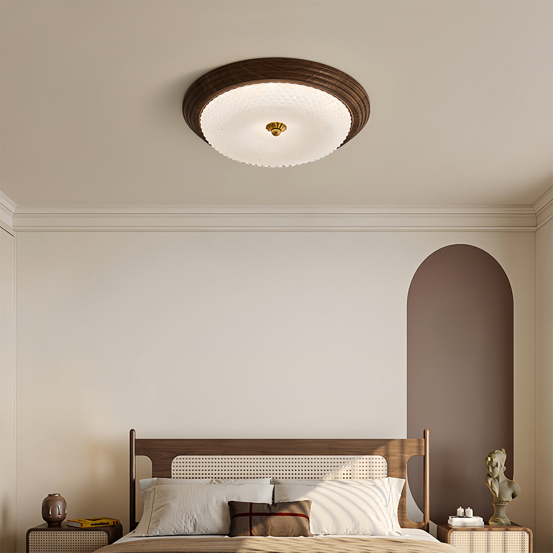 Art Deco Flush-Mount Ceiling Light — Walnut-Tone Iron, Transparent Glass, Full-Spectrum LED, 3-Step Dimming (3000K/4500K/6000K)