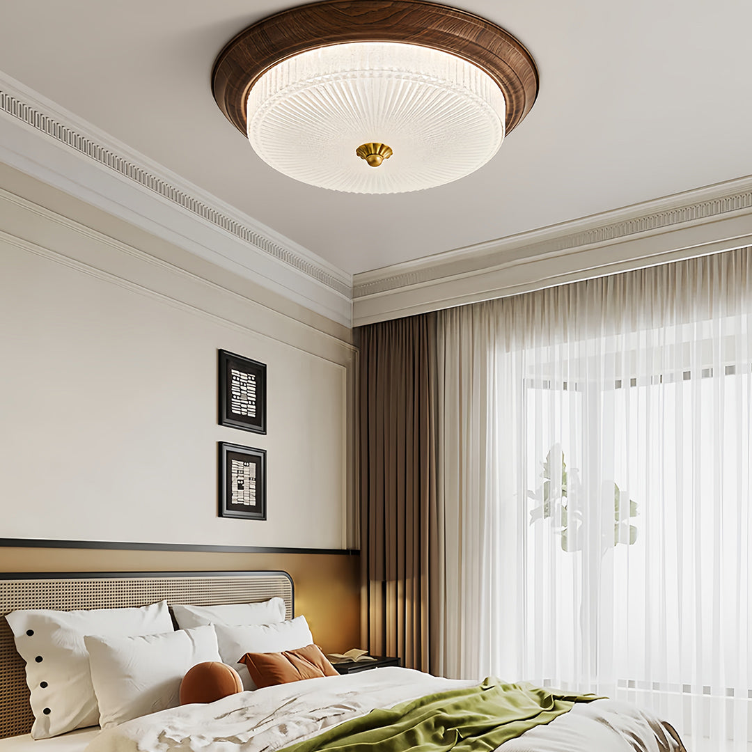 Art Deco Flush-Mount Ceiling Light — Walnut-Tone Iron, Transparent Glass, Full-Spectrum LED, 3-Step Dimming (3000K/4500K/6000K)