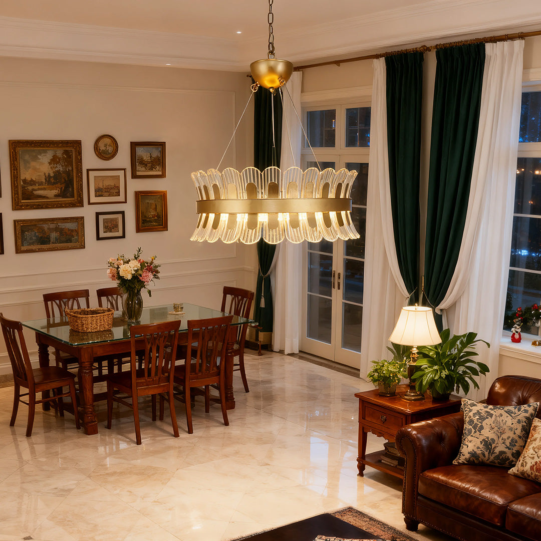 Round LED Chandelier — Gold-Plated Metal, Acrylic & Glass Shade, 25W 3000K, 23.6" Diameter, Adjustable Suspension