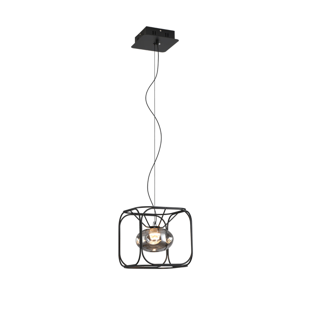 Magic Cube Caged Geometric Pendant — Black Iron, Smoked Glass, LED, 7W–28W, 1- to 4-Light