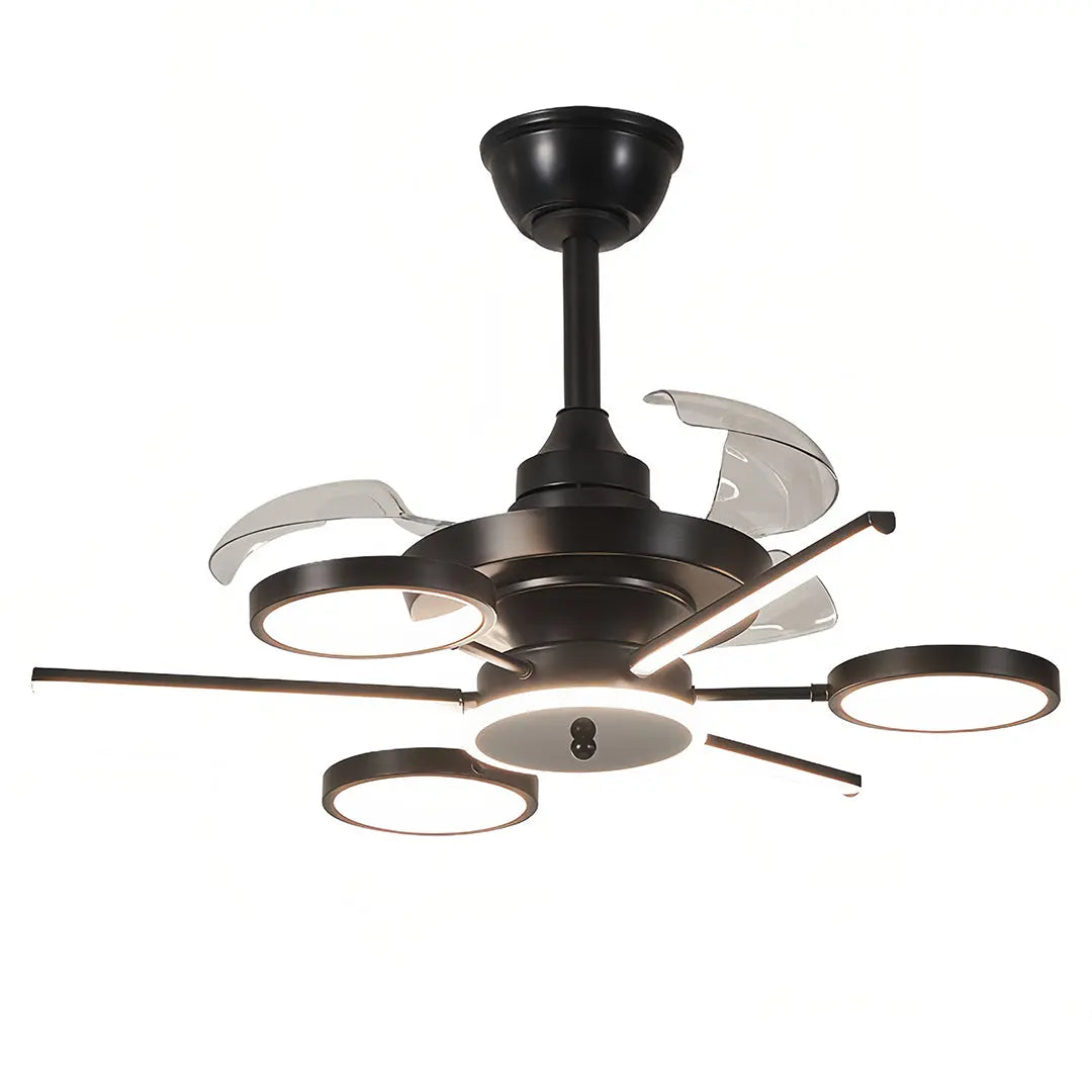 French Vintage Black Iron Ceiling Fan with Three Blades and Multiple Lights Luxe