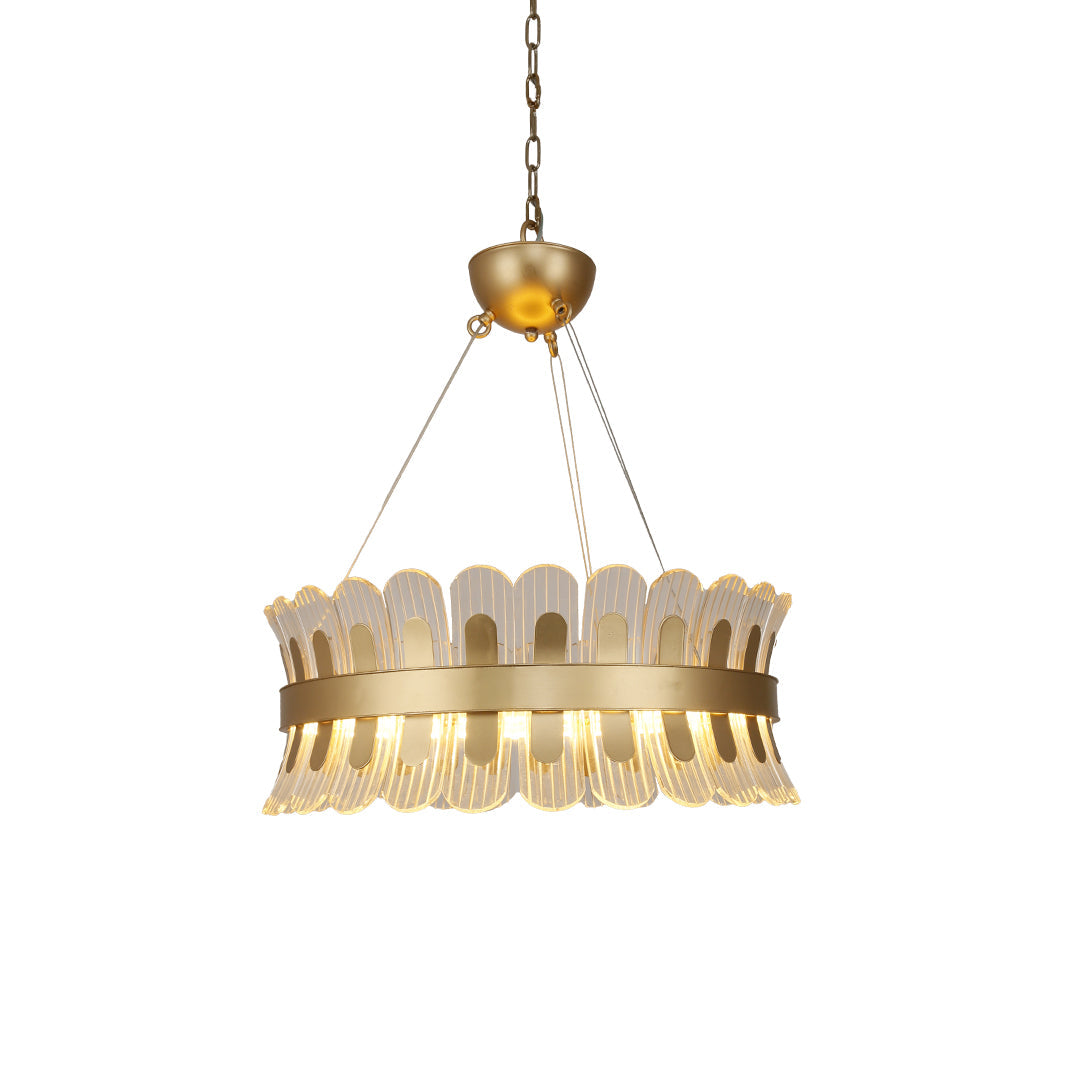Round LED Chandelier — Gold-Plated Metal, Acrylic & Glass Shade, 25W 3000K, 23.6" Diameter, Adjustable Suspension