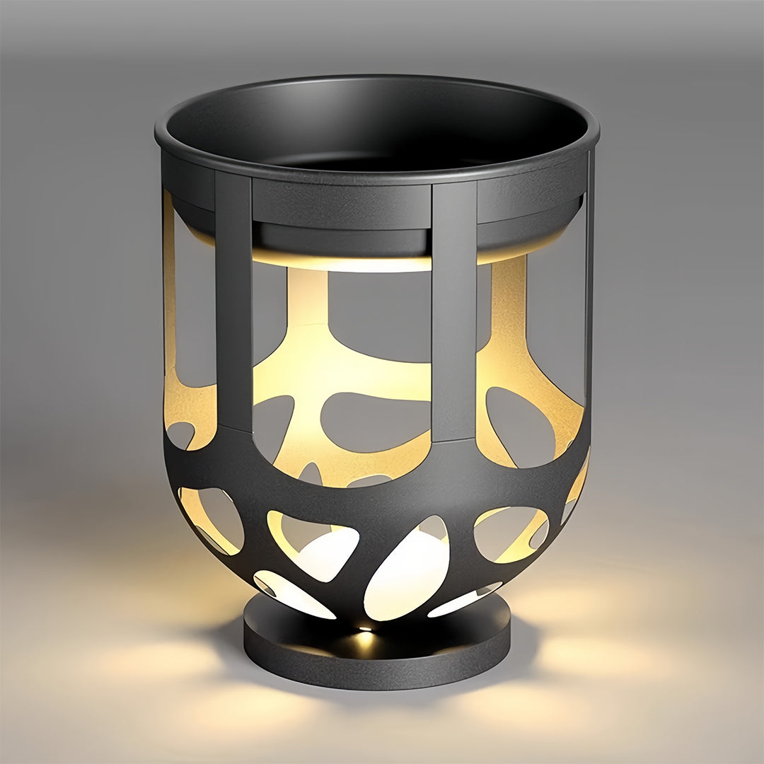 Lighted Outdoor Planter — Black Iron, White PE Shade, Warm LED, IP54, Solar / Hardwired, 19.7" or 37.4" Height