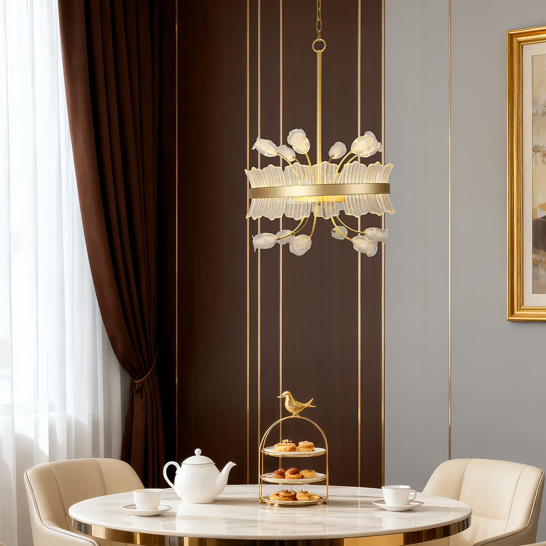 Blossom Chandelier — Gold-Plated Metal with Crystal Glass, 25W LED, 3000K, Adjustable 1.8m Cord, 20.5"