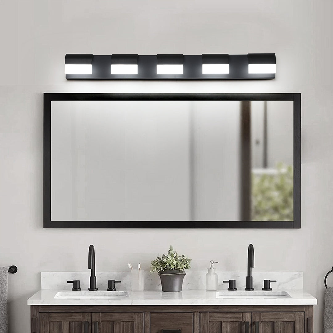 Modern Bathroom Vanity Light — Black Iron, White Acrylic, Integrated LED 6000K, 3- to 6-Light
