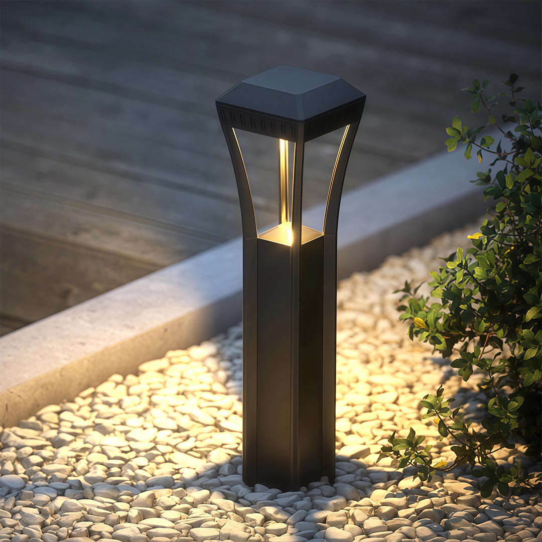 Geometric Square Bollard Light — Black Aluminum, Transparent Glass, 7W LED, IP54, 60cm / 80cm