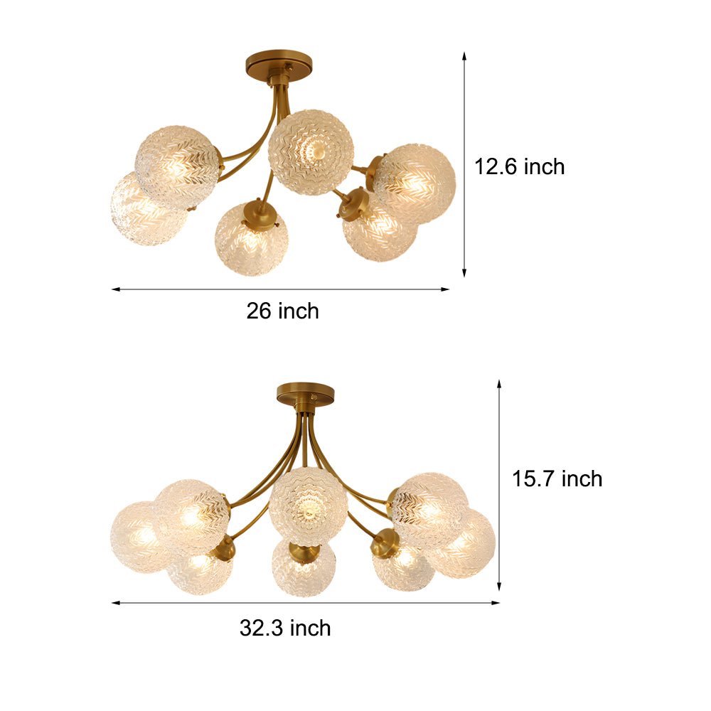 Contemporary Carved Glass Semi-Flush Mount — Brass, 3-Step Dimming, 3000K/4500K/6000K, 6- or 8-Light