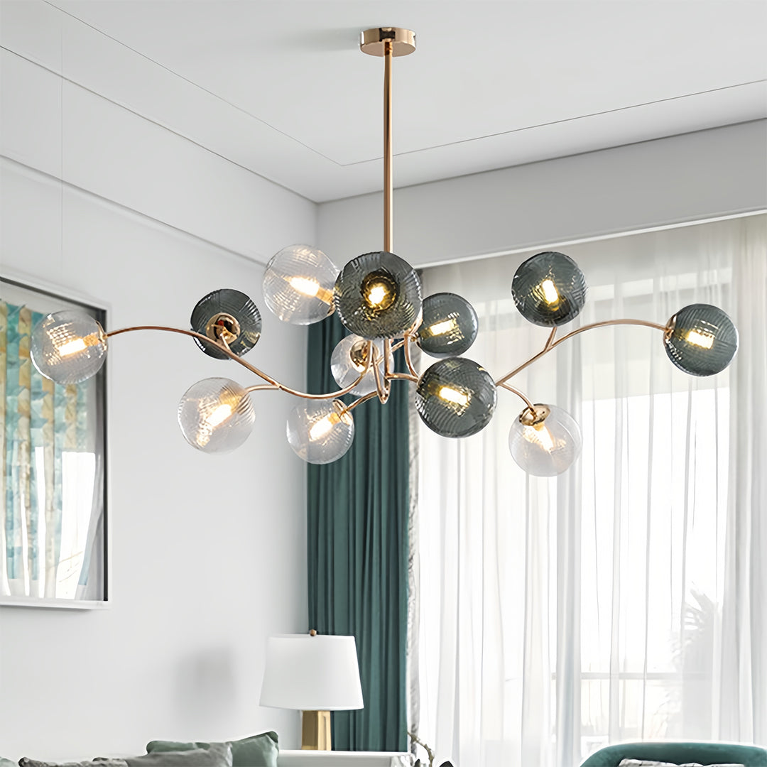 Tree Branch Flush-Mount Chandelier — Gold Iron, Clear Green Glass, 6-Light, 3-Step Dimming