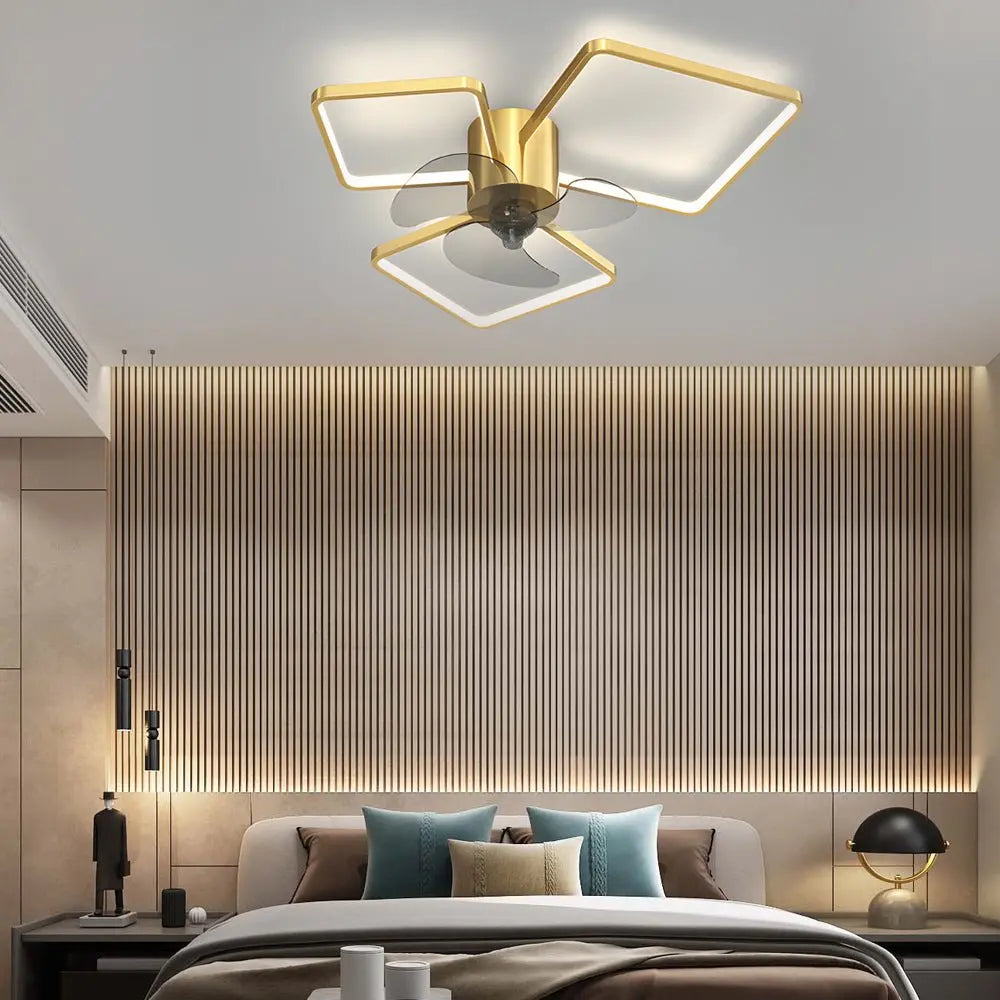 Modern Ceiling Fan Lamp with Square and Round Rings - Three-Step Dimming LED and Silent Operation Luxe