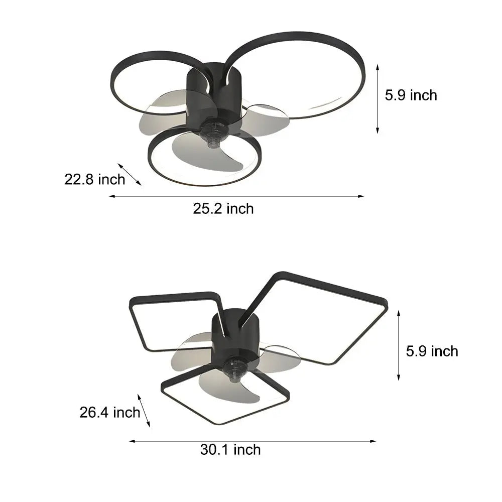 Modern Ceiling Fan Lamp with Square and Round Rings - Three-Step Dimming LED and Silent Operation Luxe