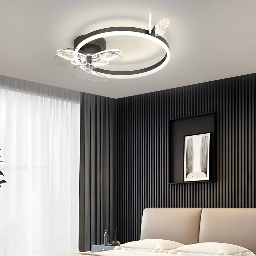 Modern Ceiling Fans with Three-Step Dimming LED and Mute Function Featuring Ring Acrylic Butterflies Luxe