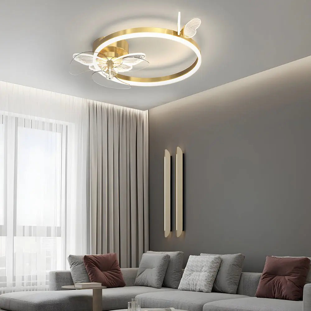 Modern Ceiling Fans with Three-Step Dimming LED and Mute Function Featuring Ring Acrylic Butterflies Luxe