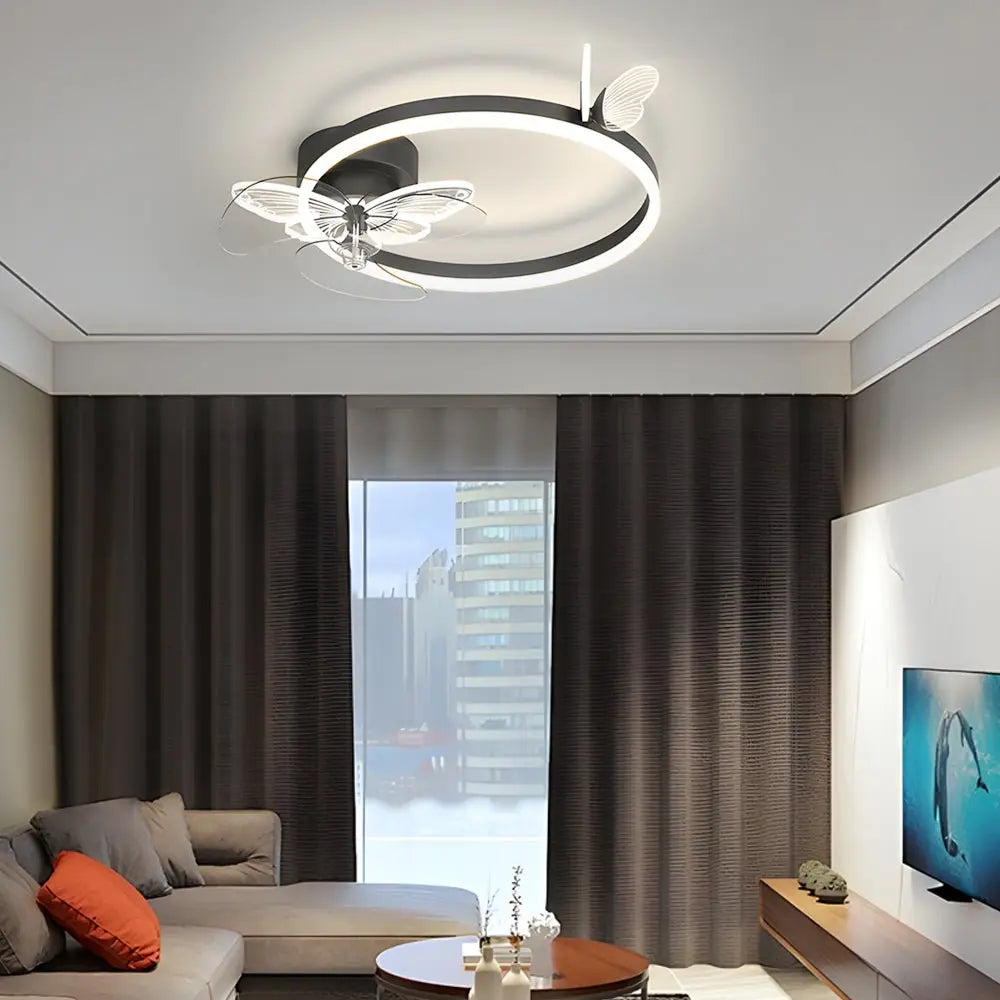 Modern Ceiling Fans with Three-Step Dimming LED and Mute Function Featuring Ring Acrylic Butterflies Luxe