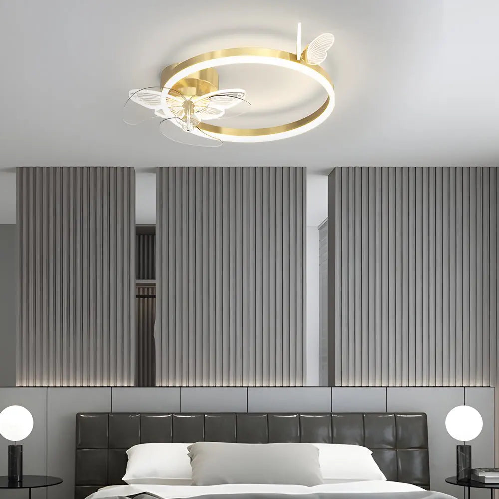 Modern Ceiling Fans with Three-Step Dimming LED and Mute Function Featuring Ring Acrylic Butterflies Luxe