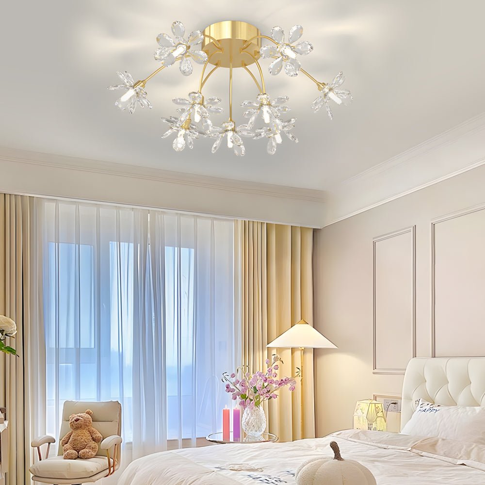 modern ceiling light fixture with crystal dandelion flowers and three step dimming