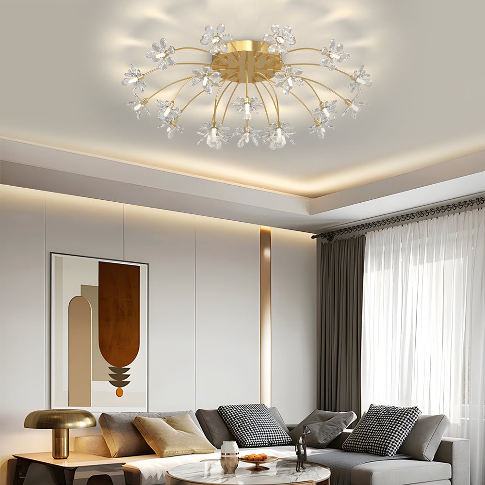 modern ceiling light fixture with crystal dandelion flowers and three step dimming