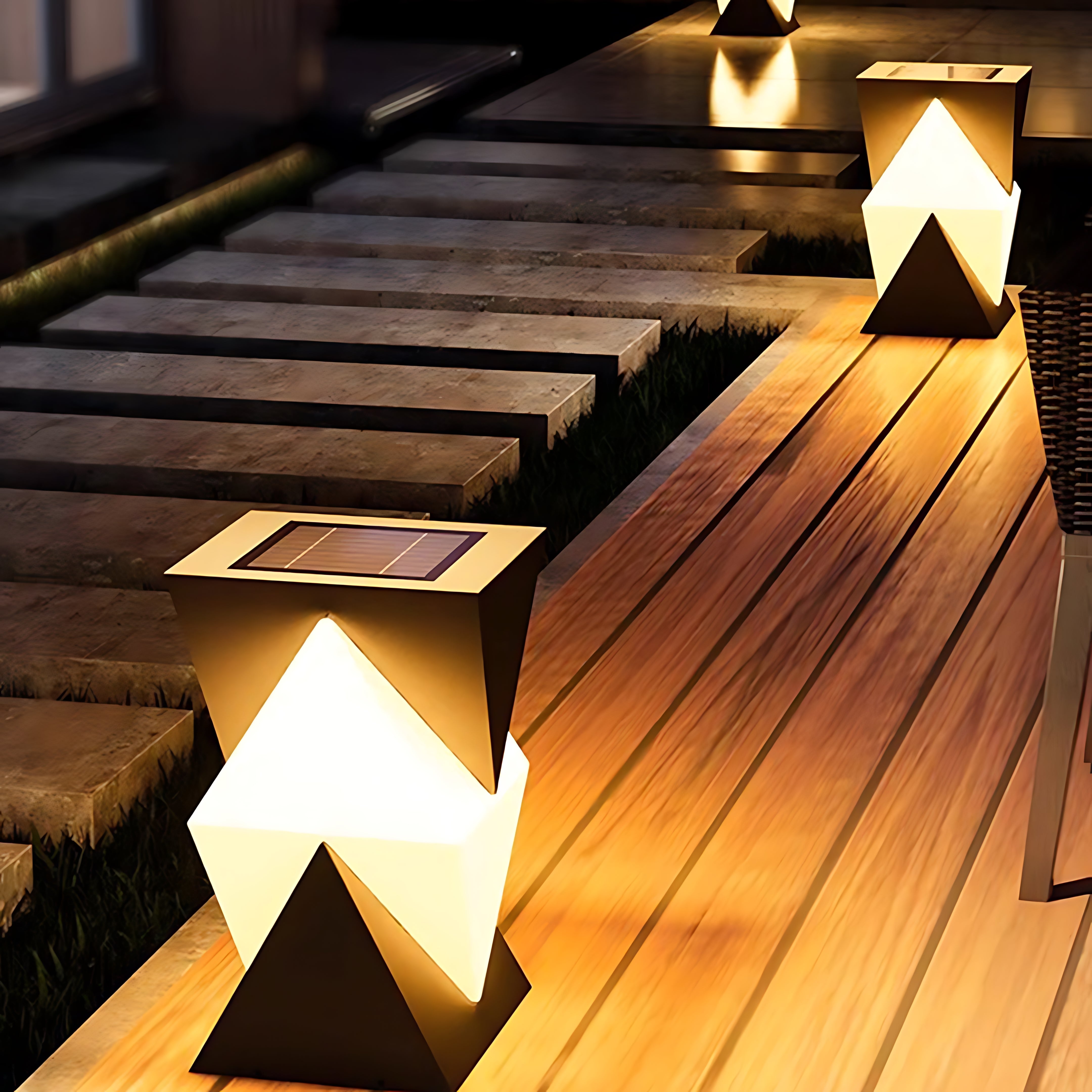 Minimalist Geometric Outdoor Pillar Light — Stainless Steel, LED, IP65, Solar or Hardwired, 3000K Warm White
