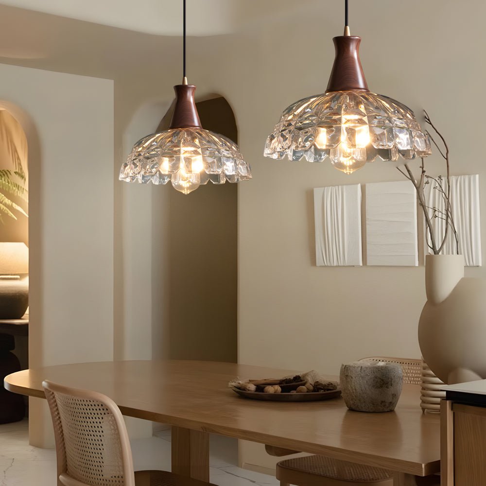 Blossom Glass Mini Pendant — Brass and Walnut Wood, E27, 3000K Warm White, 59.1" Cord