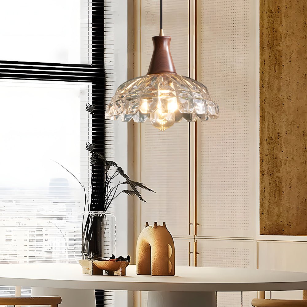 Blossom Glass Mini Pendant — Brass and Walnut Wood, E27, 3000K Warm White, 59.1" Cord