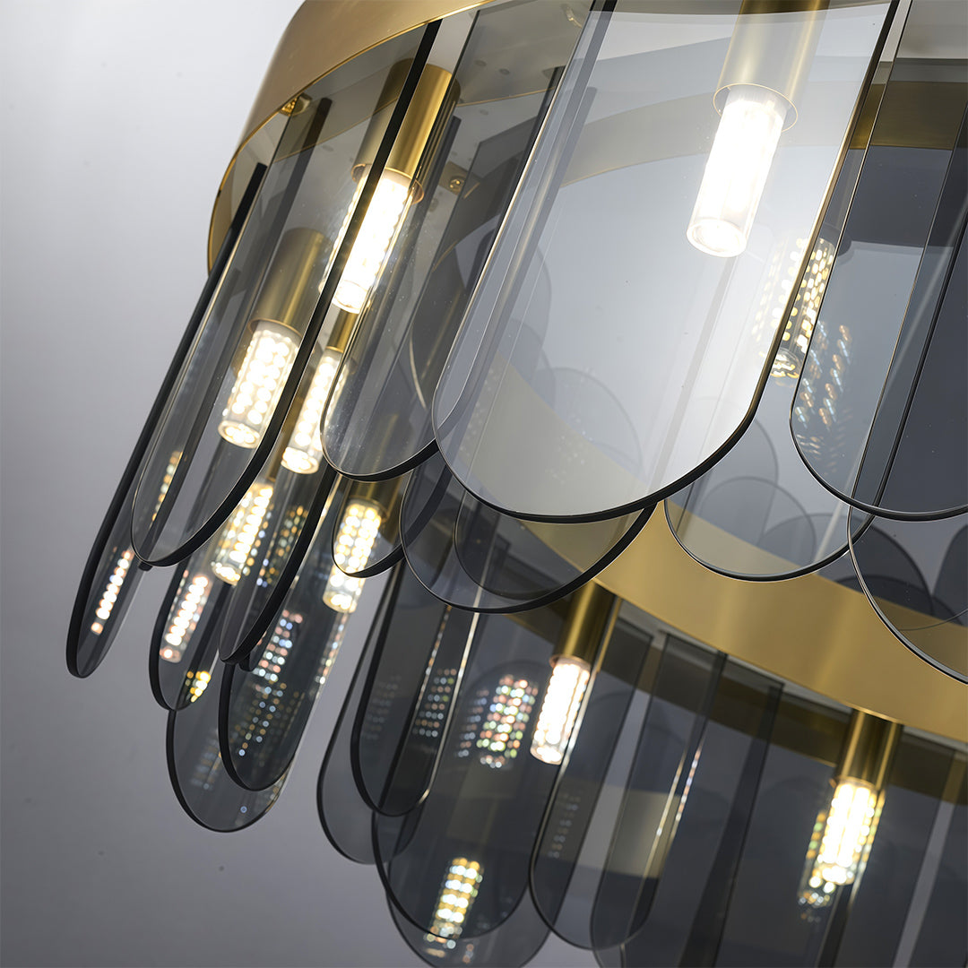 Modern Geometric Chandelier — Solid Copper, Transparent Glass Shade, G9, 4 Sizes, Black / Chrome / Copper